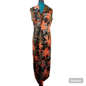 Black and red pattern retro satin taffeta like front slit lined maxi dress M